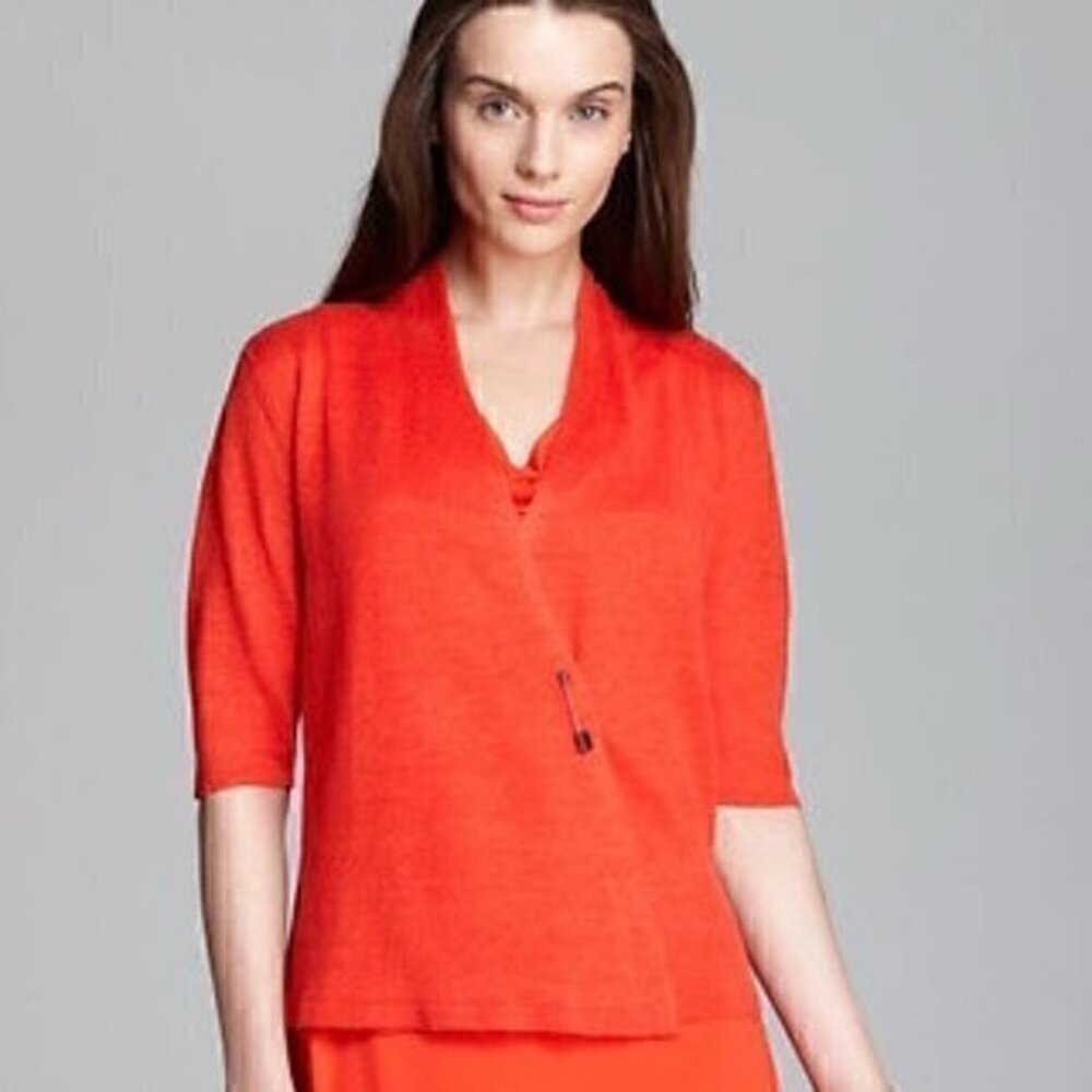Eileen Fisher 100% Organic Linen Bright Red Cardigan Size L Petite